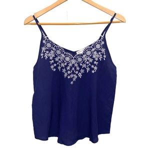 The Banyan Tree Navy Cami Tank Top with White Embroidery Small